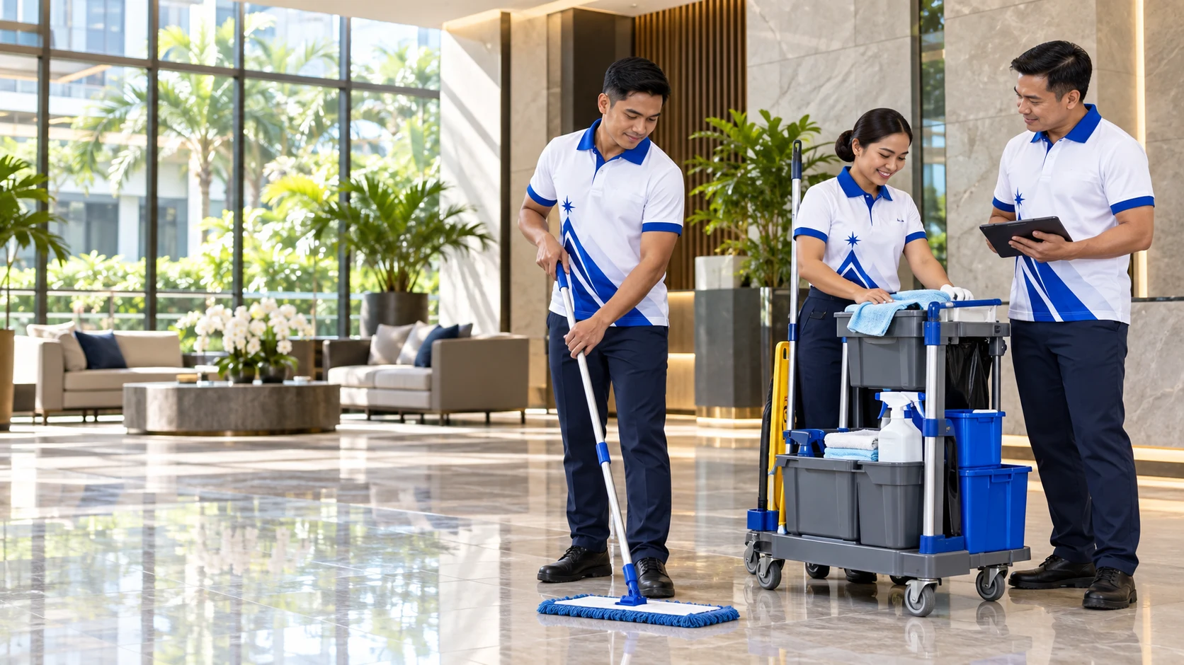 Illustrative property care team in a luxury lobby